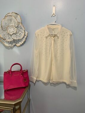 Ultra Pink Cream Sheer Beaded Blouse size X-Large